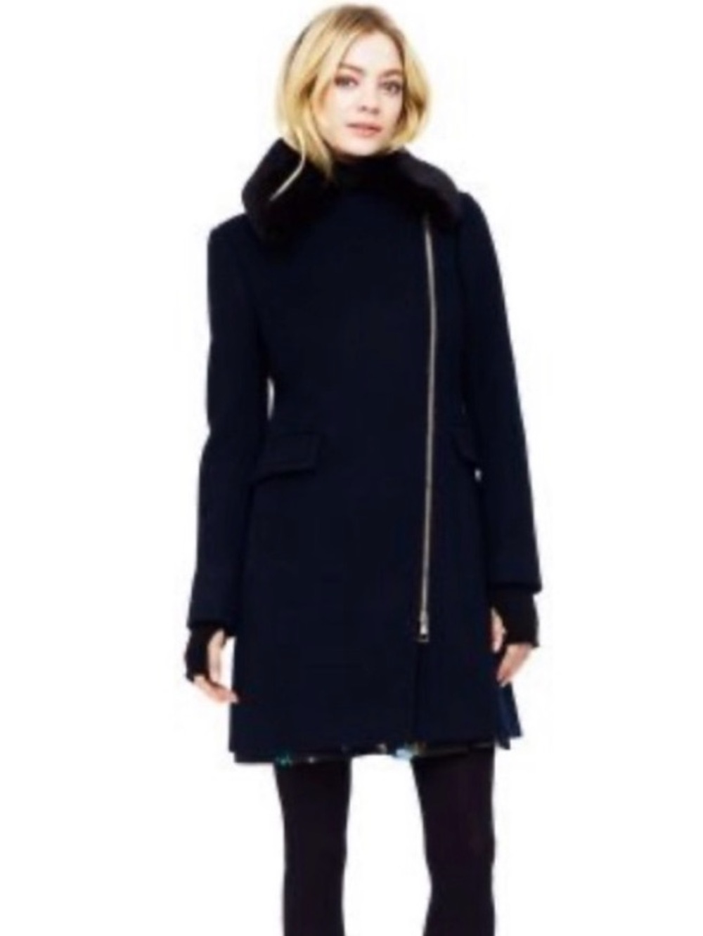 Club Monaco Josette Wool Blend Coat Removable Faux Fur Collar Navy Medium